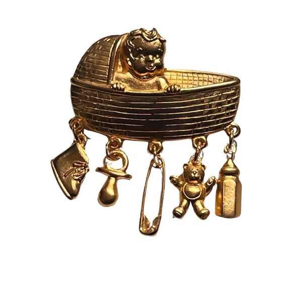 JJ pin Brooch-Baby in a cradle- Jonette Costume Jewelry-Dangles Gift Baby Shower - Picture 1 of 7